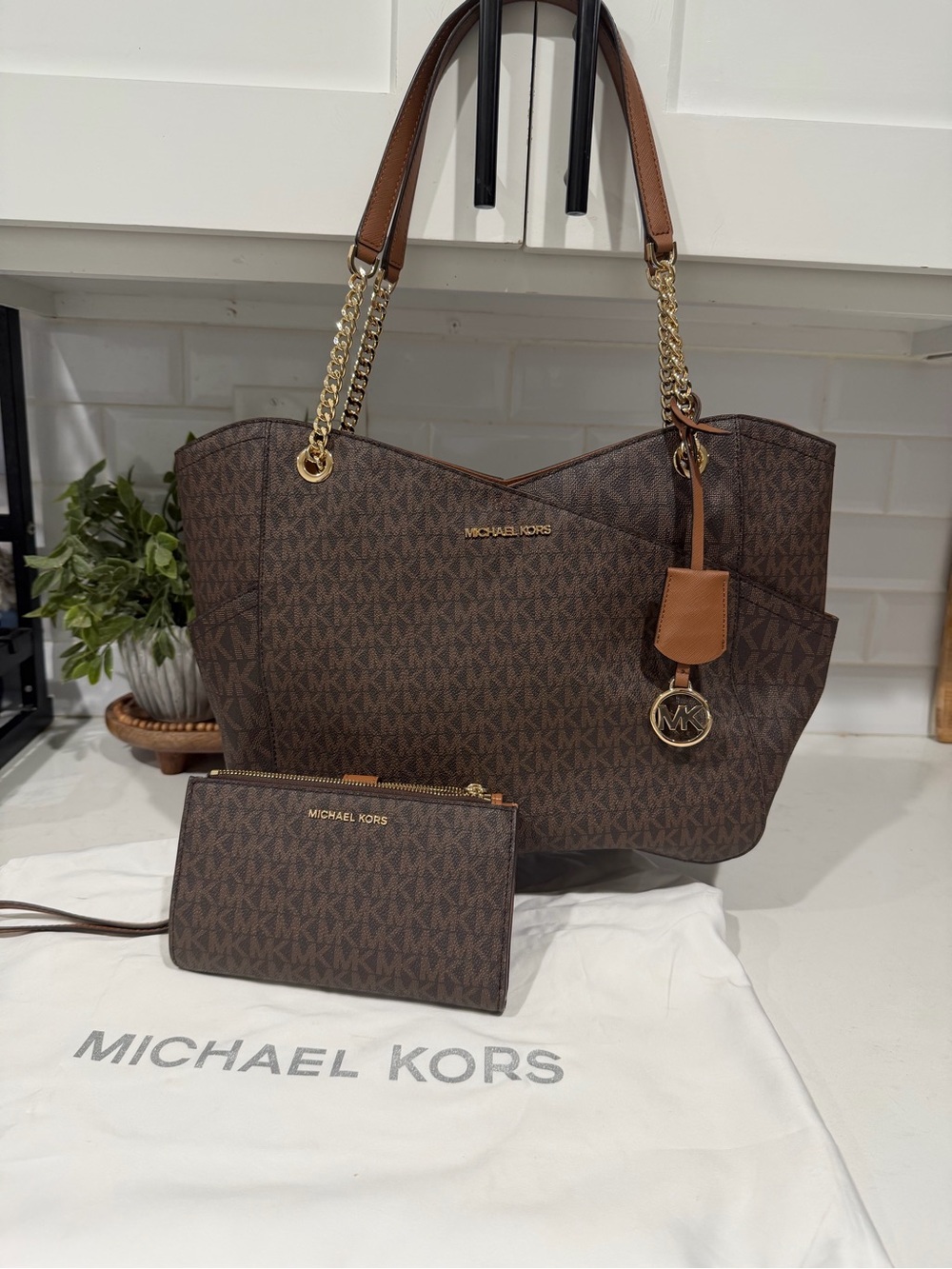 Michael Kors Brown Logo Chain-Handle Tote with Matching Pouch
